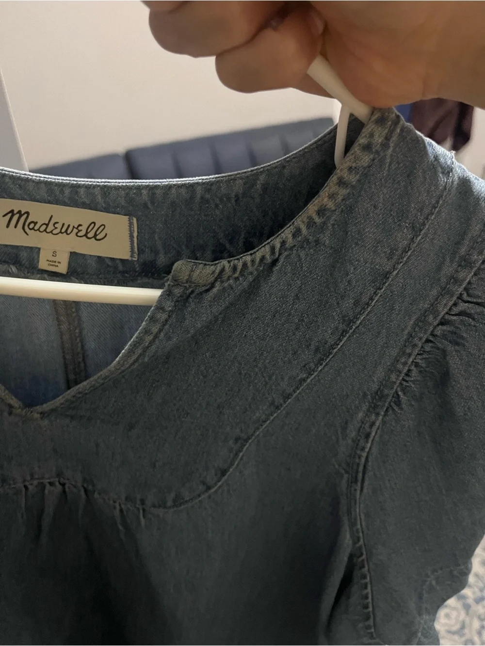 Madewell Slate Blue Denim Short Puff-Sleeve Peasant Top